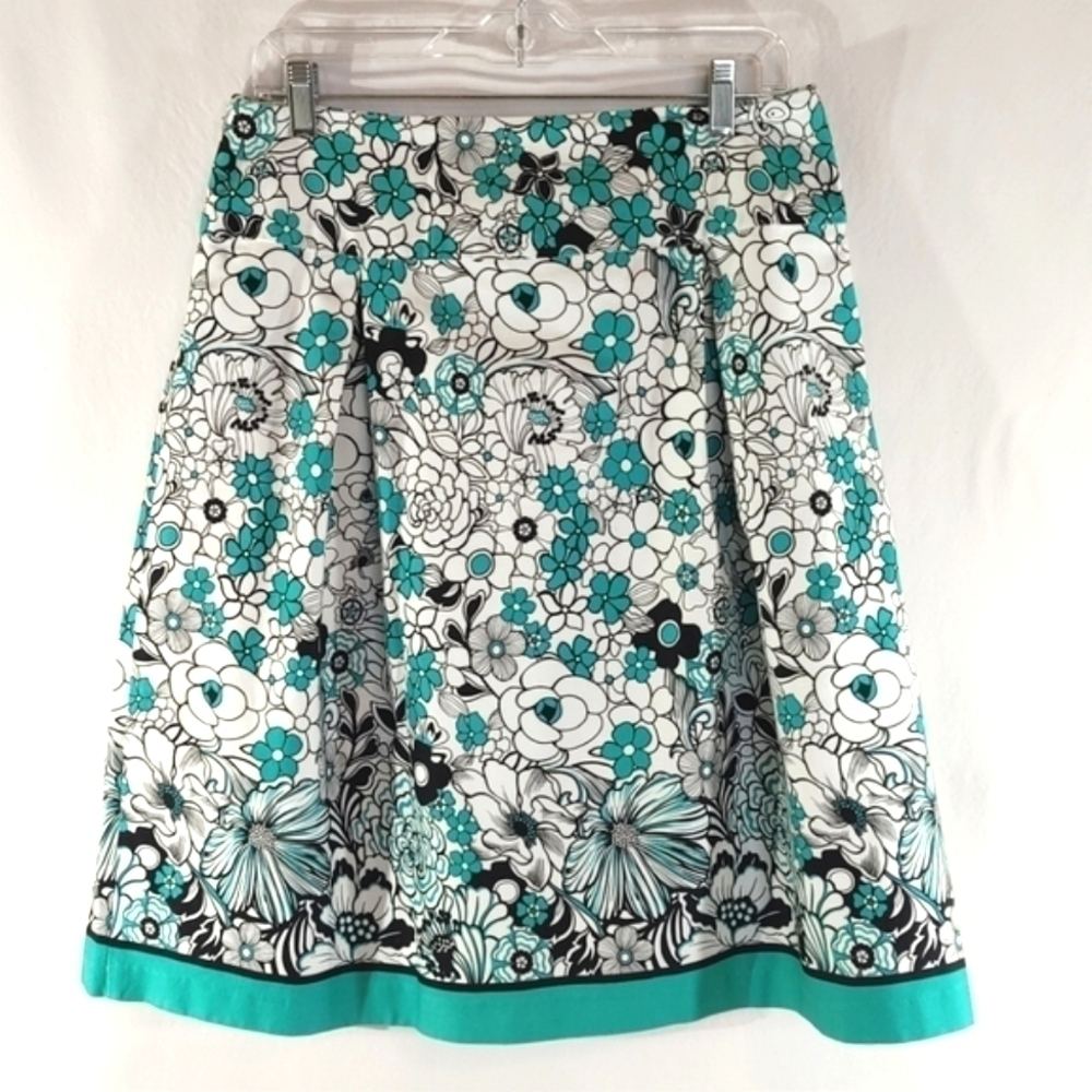 Studio One Teal White Black Floral Full Skirt w/ Side Zipper Sze 12